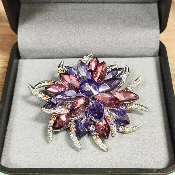 Purple Rose Brooch, Crystal Brooch, Silver Brooches, Crystal Flower Brooch - Picture 3 of 7